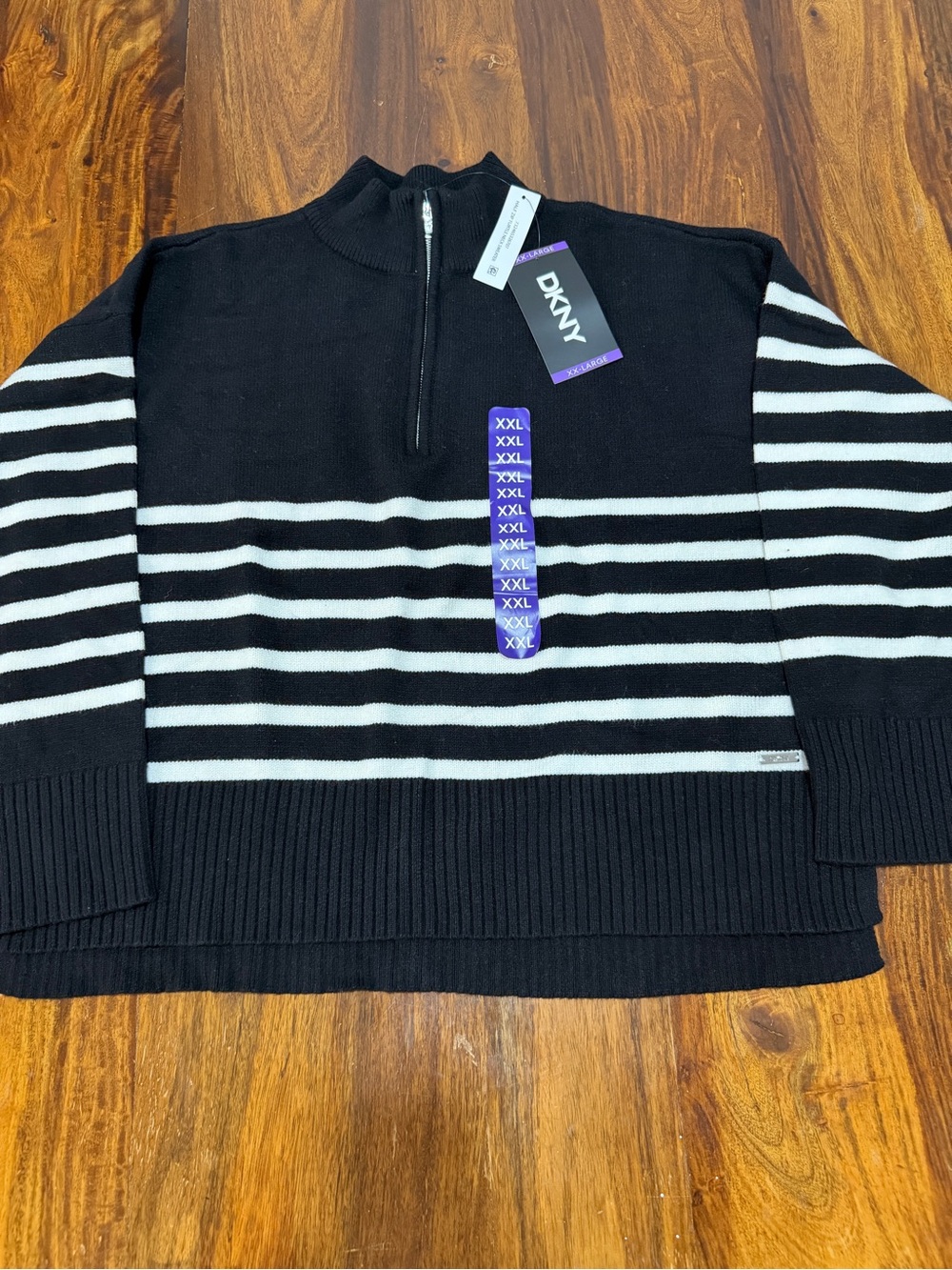 NWT DKNY Women's XXL Quarter Zip Sweater Black White Stripe Mock Neck $79